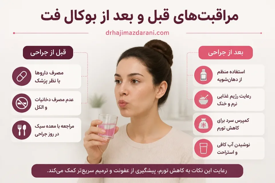 مراقبتهای قبل و بعد از بوکال فت — مراقبت دهانی پس از بوکال فت با استفاده از دهانشویه طبق دستور پزشک